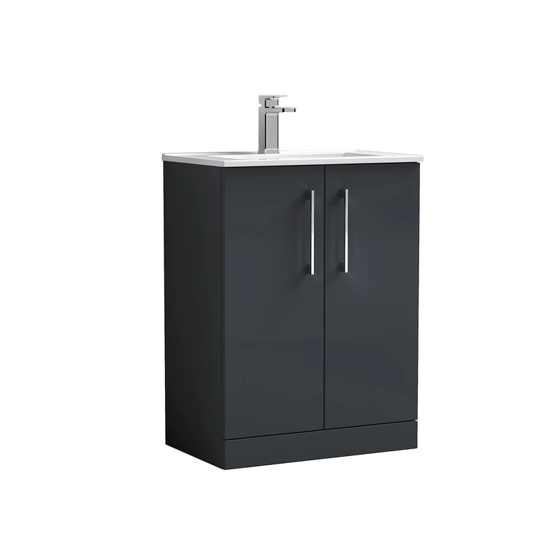 nuie ARN1403B Arno Floor Standing 2 Door Vanity Unit & Minimalist Ceramic Basin, 600mm, Soft Black