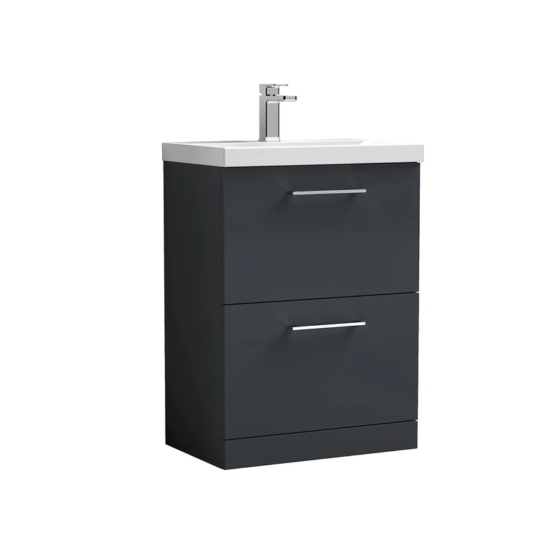 nuie ARN1433D Arno Floor Standing 2 Drawer Vanity Unit & Thin-Edge Ceramic Basin, 600mm, Soft Black