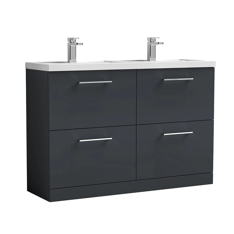 nuie ARN1433C Arno Floor Standing 4 Drawer Vanity Unit & Double Polymarble Basin, 1200mm, Soft Black