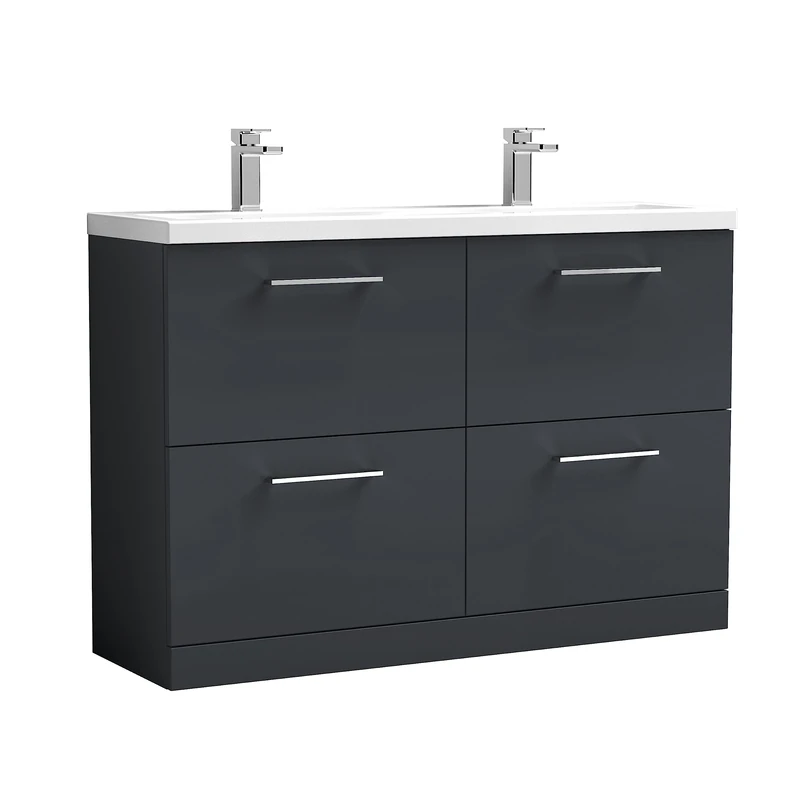 nuie ARN1433F Arno Floor Standing 4 Drawer Vanity Unit & Double Ceramic Basin, 1200mm, Soft Black