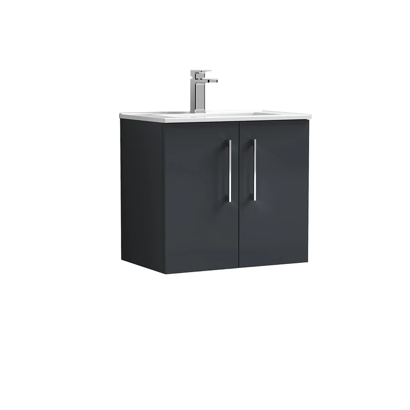 nuie ARN1423B Arno Wall Hung 2 Door Vanity Unit & Minimalist Ceramic Basin, 600mm, Soft Black, Small