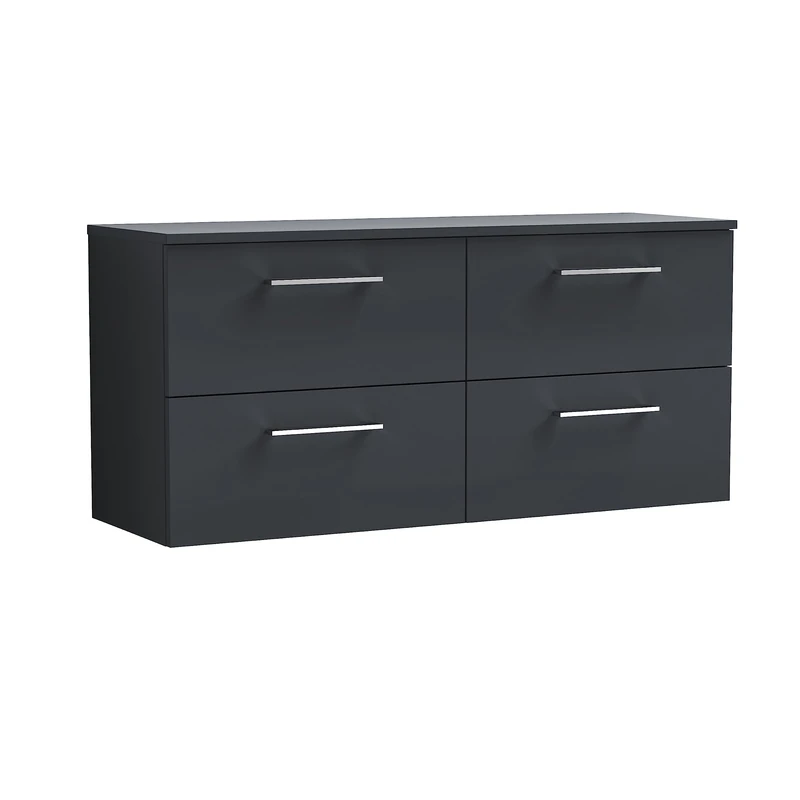 nuie ARN1424W2 Arno Wall Hung 4 Drawer Vanity Unit & Worktop, 1200mm, Soft Black, Small