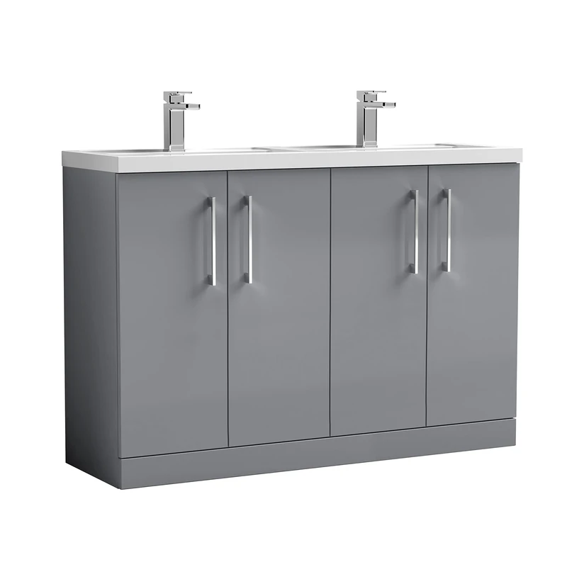 nuie ARN2203C Arno Floor Standing 4 Door Vanity Unit & Double Polymarble Basin, 1200mm, Satin Grey