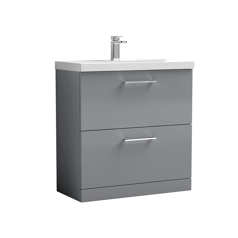 nuie ARN2235D Arno Floor Standing 2 Drawer Vanity Unit & Thin-Edge Ceramic Basin, 800mm, Satin Grey