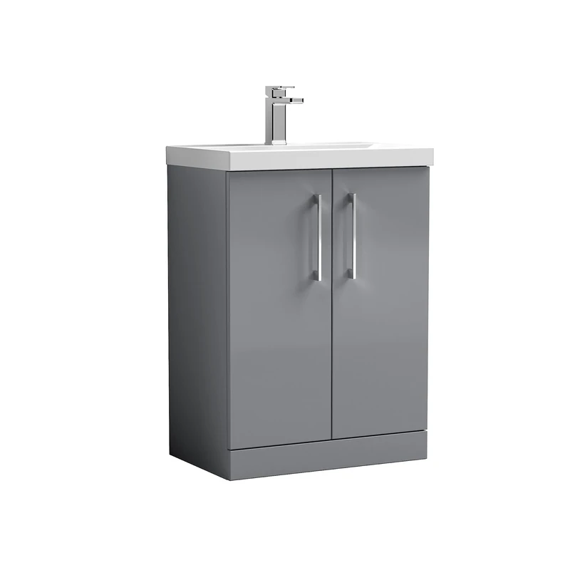 nuie ARN2203D Arno Floor Standing 2 Door Vanity Unit & Thin-Edge Ceramic Basin, 600mm, Satin Grey