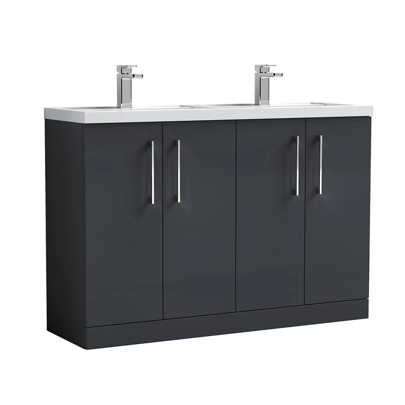 nuie ARN1403C Arno Floor Standing 4 Door Vanity Unit & Double Polymarble Basin, 1200mm, Satin Anthracite