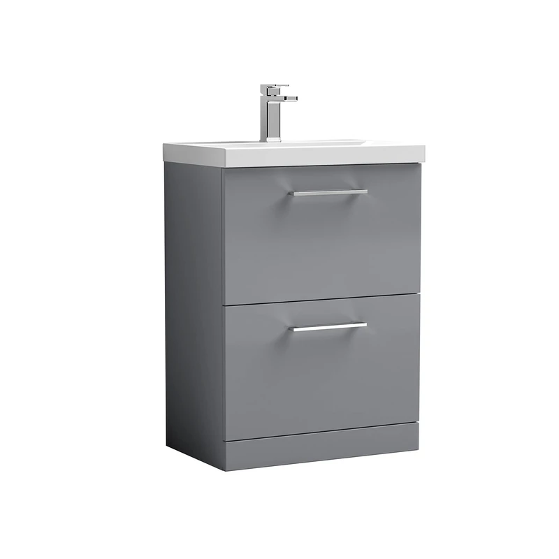 nuie ARN2233D Arno Floor Standing 2 Drawer Vanity Unit & Thin-Edge Ceramic Basin, 600mm, Satin Grey