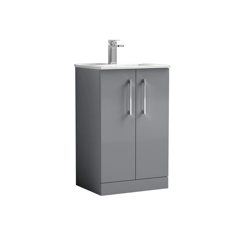 nuie ARN2201B Arno Floor Standing 2 Door Vanity Unit & Minimalist Ceramic Basin, 500mm, Satin Grey