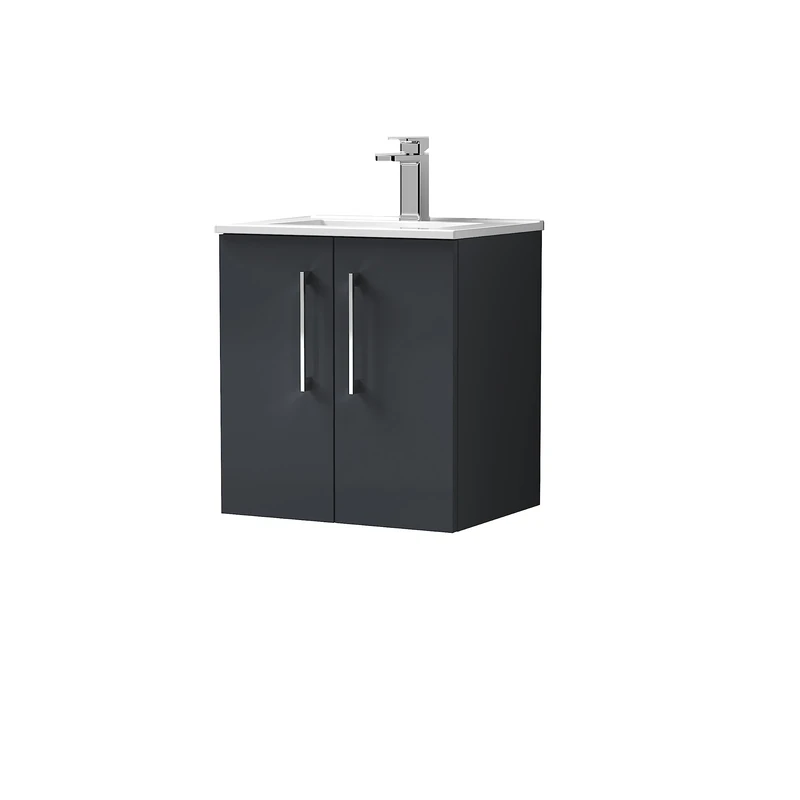 nuie ARN1421B Arno Wall Hung 2 Door Vanity Unit & Minimalist Ceramic Basin, 500mm, Satin Anthracite
