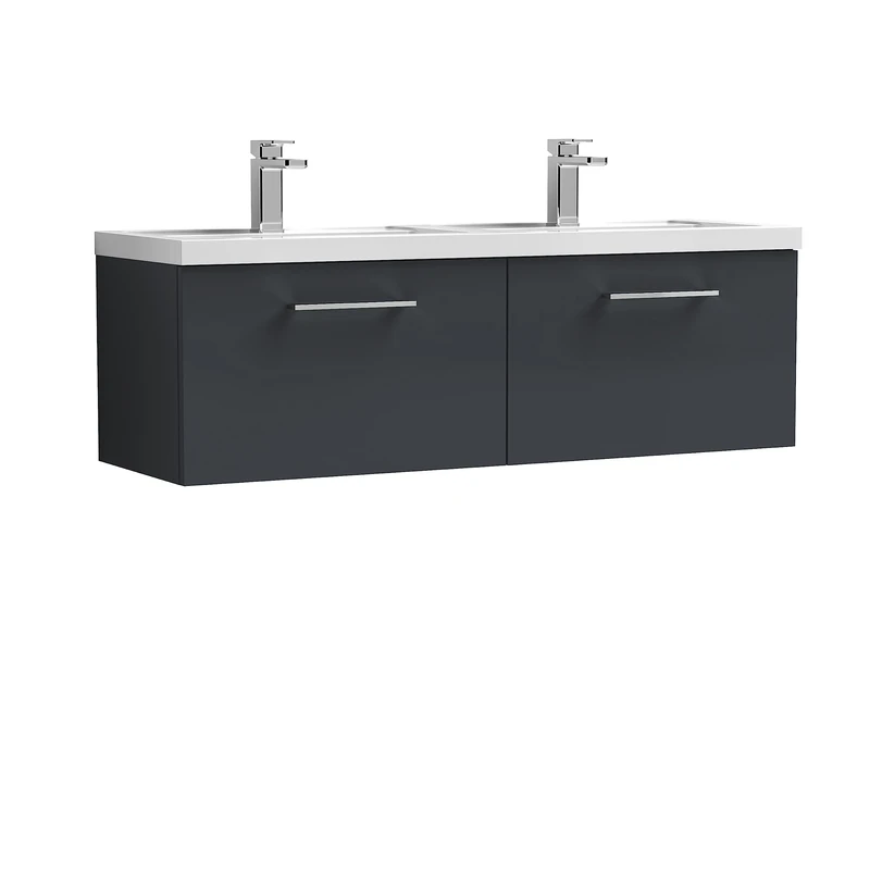 nuie ARN1422C Arno Wall Hung 2 Drawer Vanity Unit & Double Ceramic Basin, 1200mm, Soft Black