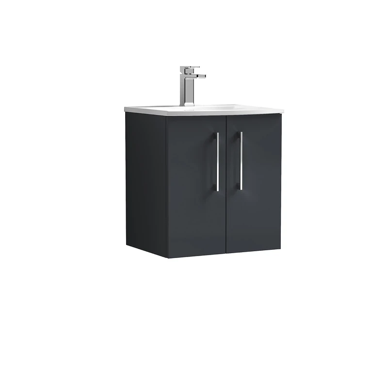 nuie ARN1421G Arno Wall Hung 2 Door Vanity Unit & Curved Ceramic Basin, 500mm, Soft Black, Small