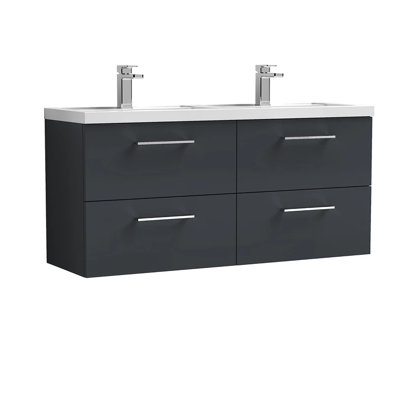 nuie ARN1424C Arno Wall Hung 4 Drawer Vanity Unit & Double Ceramic Basin, 1200mm, Soft Black