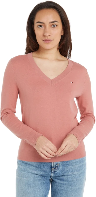 Tommy Hilfiger Women Jumper Jersey V-Neck, Pink (Teaberry Blossom), XS - Image 1