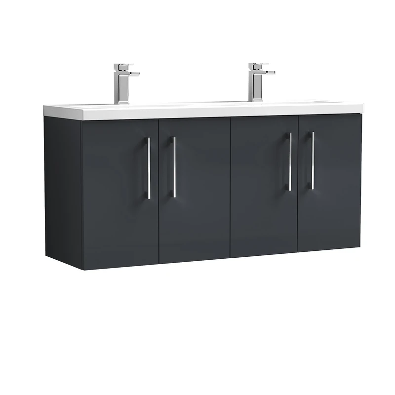 nuie ARN1423F Arno Modern Bathroom Wall Hung 4 Door Vanity Unit & Double Polymarble Basin, 1200mm, Soft Black