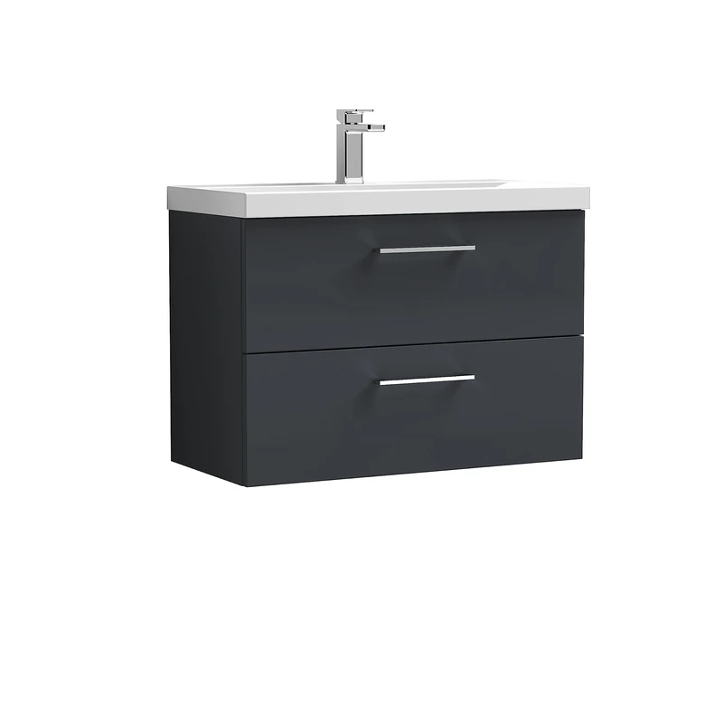 nuie ARN1426D Arno Wall Hung 2 Drawer Vanity Unit & Thin-Edge Ceramic Basin, 800mm, Soft Black, Small