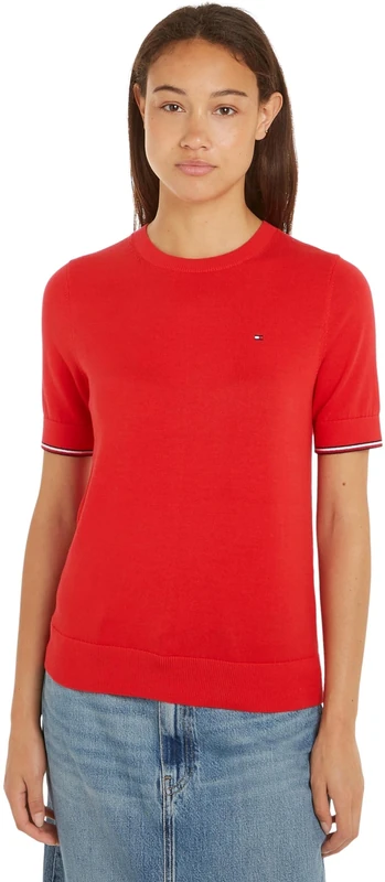 Tommy Hilfiger Women's CO Jersey Stitch C-NK SS Sweater Fierce Red XXL