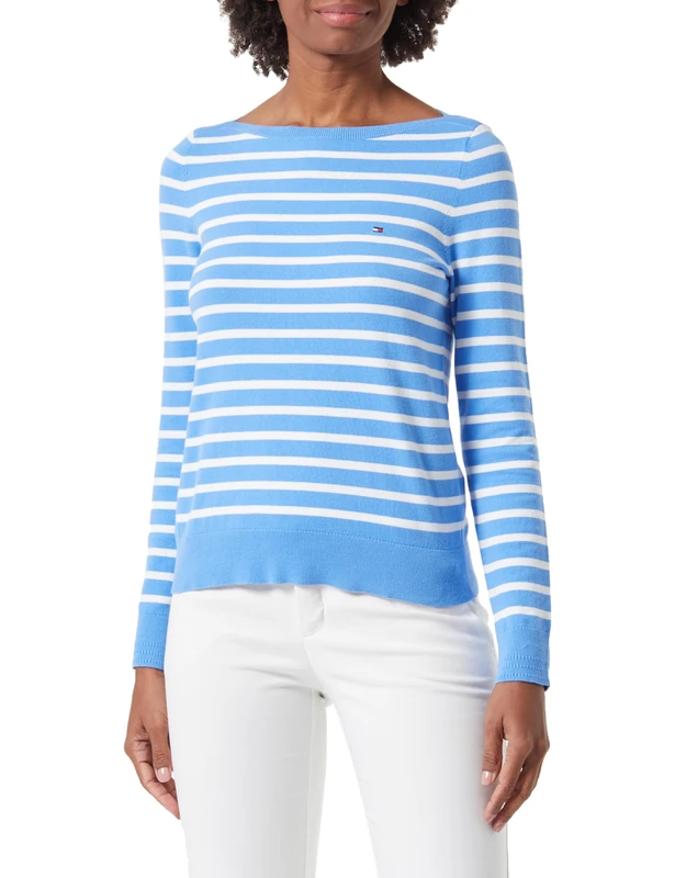 Tommy Hilfiger Women's CO Jersey Stitch Boat-NK Sweater Blue Spell/Ecru STP XXS
