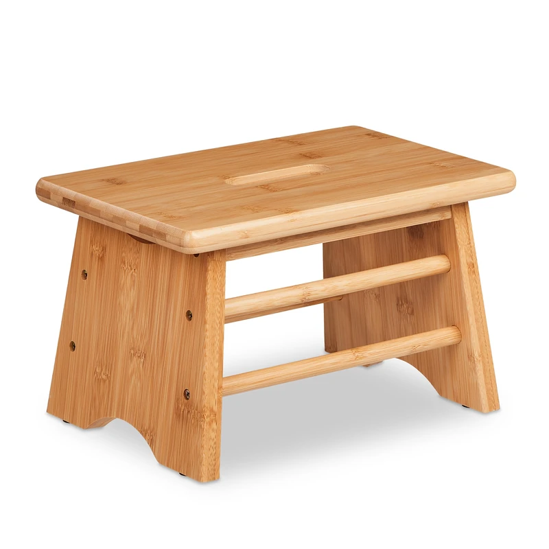 Relaxdays Bamboo Footstool, 100 kg Load Capacity, Stable Small Seat, HxWxD: 20 x 33 x 21.5 cm, Children, Handle, Natural