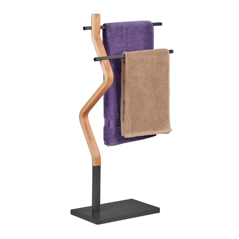 Relaxdays Towel Rack, 2 Rails, Free-Standing, 85 x 43.5 x 20 cm, Bathroom Stand for Towels, Steel & MDF, Grey/Natural