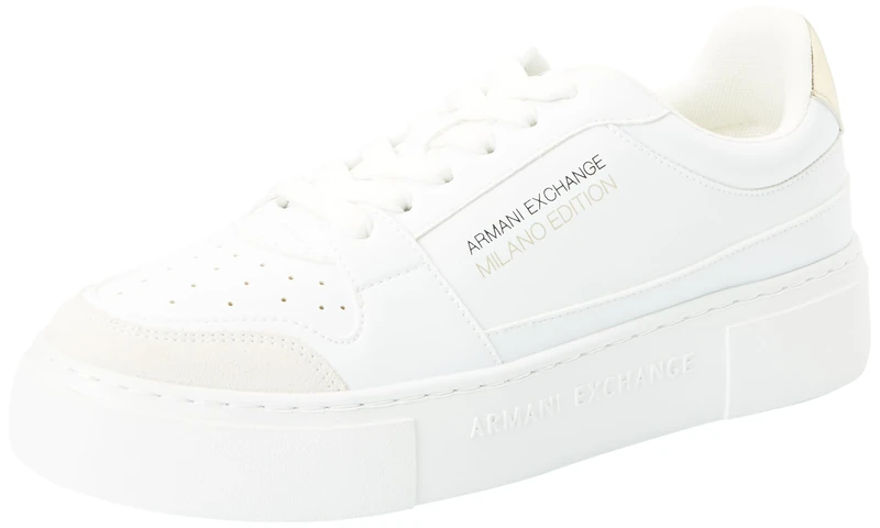 Armani Exchange Women's Kurt, Milano Edition, Gold Detail Trainers, Op White Gold, 8.5 UK