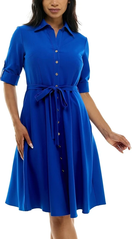 SHARAGANO Women's Button Front Pleated Shirt Casual Dress, Surf The Web, 14