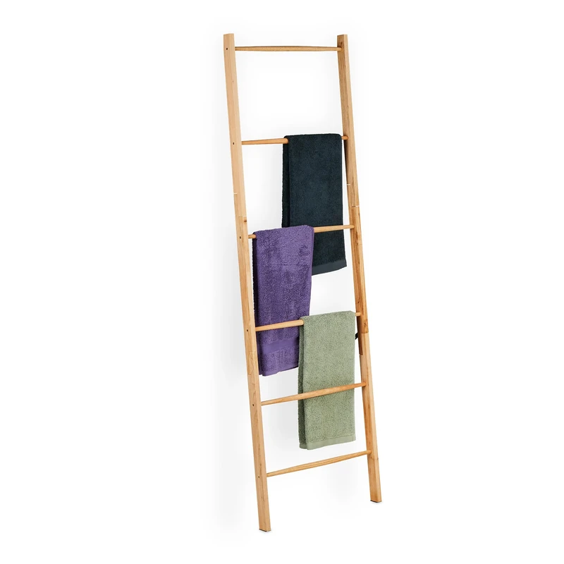 Relaxdays Towel Stand Bamboo, 3 Bars, 2 Storage Shelves, HWD: 153 x 53.5 x 30 cm, Free-Standing, Bathroom Rack, Natural