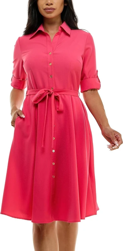 SHARAGANO Women's Button Front Pleated Shirt Casual Dress, Monticello Rose, 14