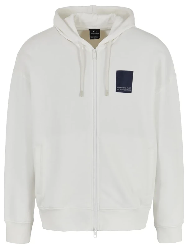 Armani Exchange Men's Milano Edition Full Zip Hoodie with Logo Patch Hooded Sweatshirt, Off White, XS