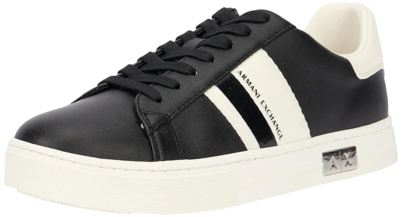 Armani Exchange Women's Cup Sole Mina, Back Tab Metal Logo Detail On Side Sneaker, Black Off White, 7 UK