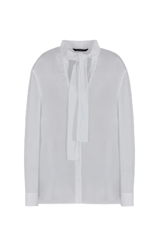 Armani Exchange Girl's Route 66, Bow Collar, Printed Satin Shirt, White, M, White (Optic White), M