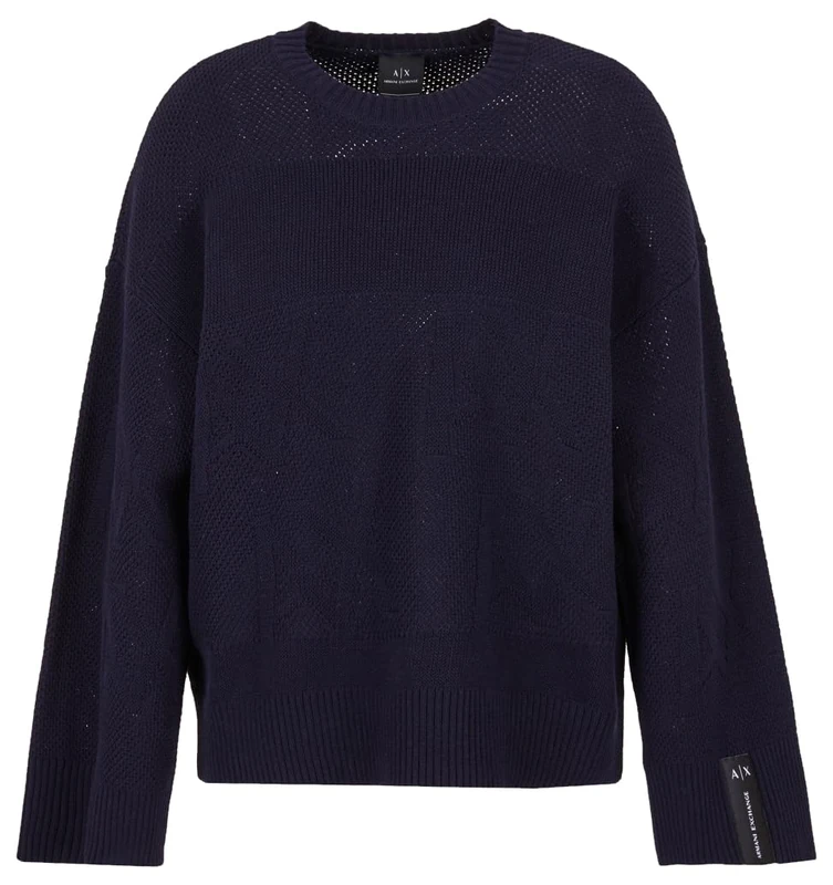 Armani Exchange Women's Sustainable, Knitted Fabric, Ribbed Sleeves Pullover Sweater, Blueberry, M