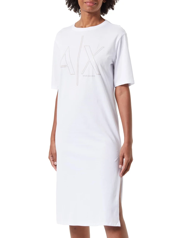 Armani Exchange Women's Sustainable, Big Logo Print, Round Neck Casual Dress, White, M, White (Optic White), M
