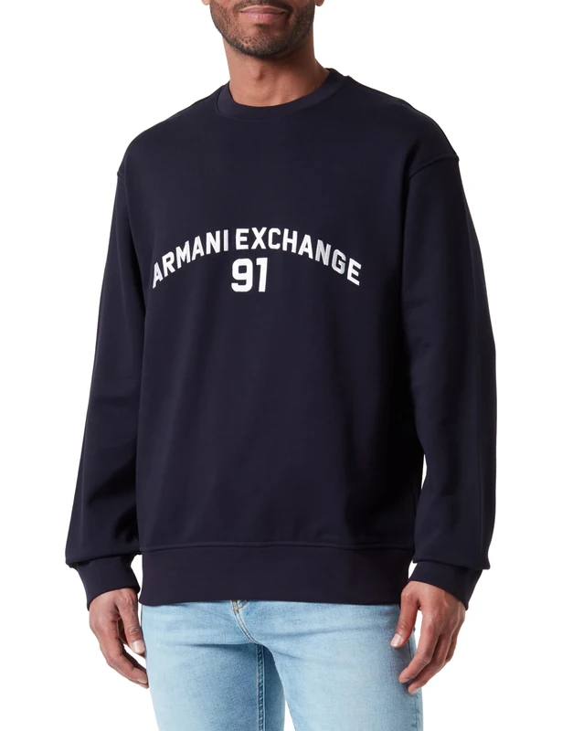Armani Exchange Men's Armani 91 Logo Crewneck Sweatshirt, deep Navy, S