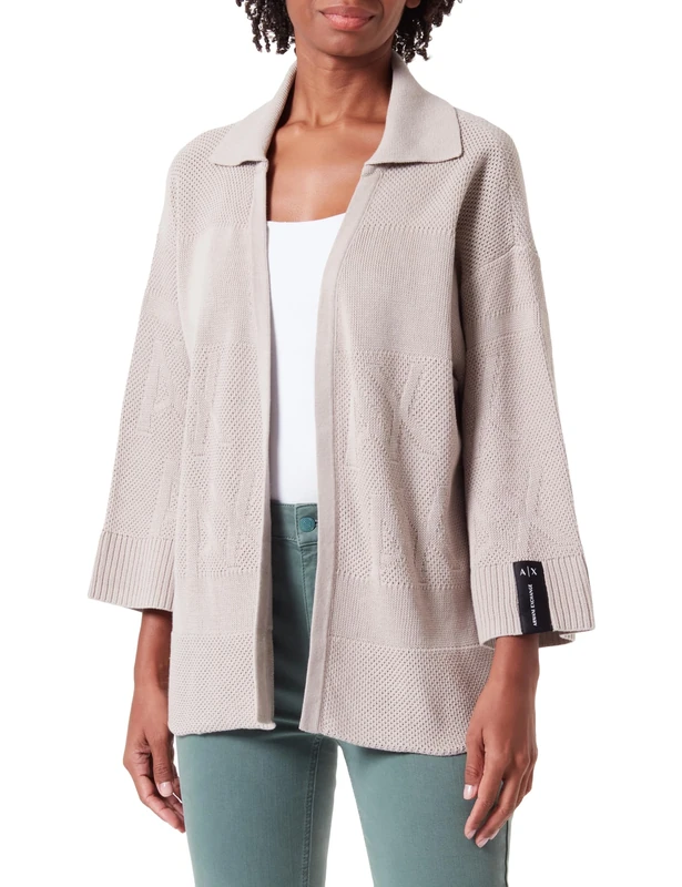 Armani Exchange Women's Pan-American Highway, Sustainable, All Over Logo Cardigan Sweater, Off Road, XS