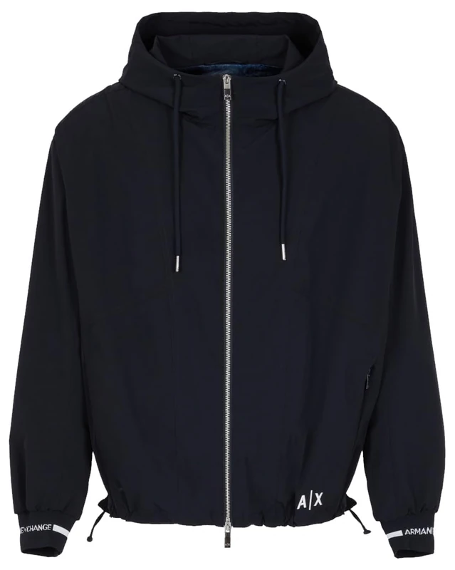 Armani Exchange Men's Long Sleeve, Printed Logo Cuffs, Hooded Blouson Jacket, Deep Navy, S, deep navy, S