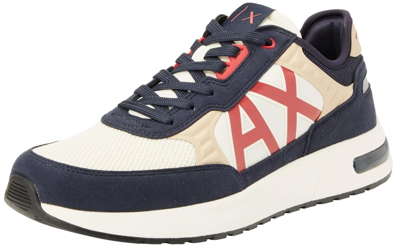 Armani Exchange Men's Dusseldorf Embossed Geometric Motifs Trainers, Navy Safari Red, 7 UK