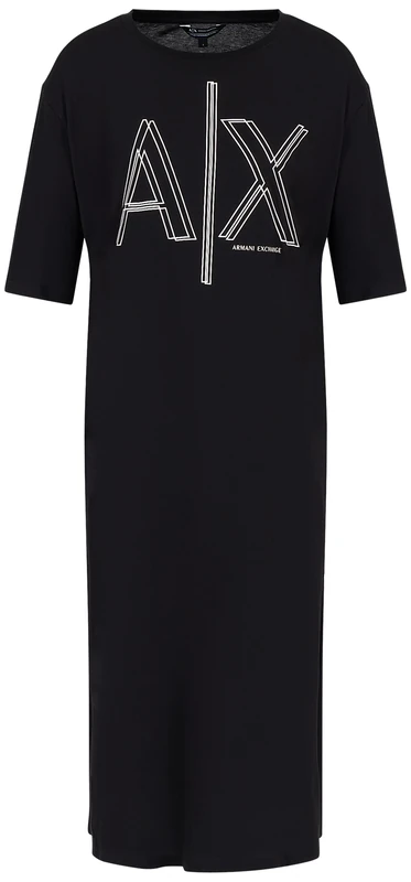 Armani Exchange Women's Sustainable, Big Logo Print, Round Neck Casual Dress, Black, XS