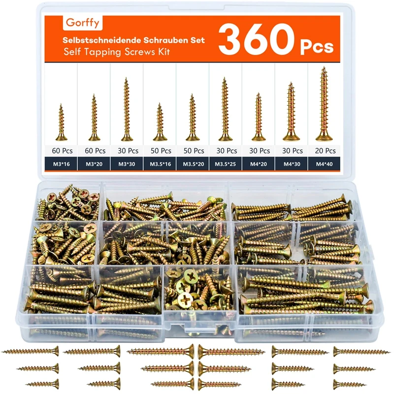 Gorffy Wood Screws, 360 PCS Color Zinc Screws, Countersunk Wood Screws Assortment, Multi Use High Performance Self Tapping Screw, Assorted Wood Screw For DIY, Furniture & Repairs
