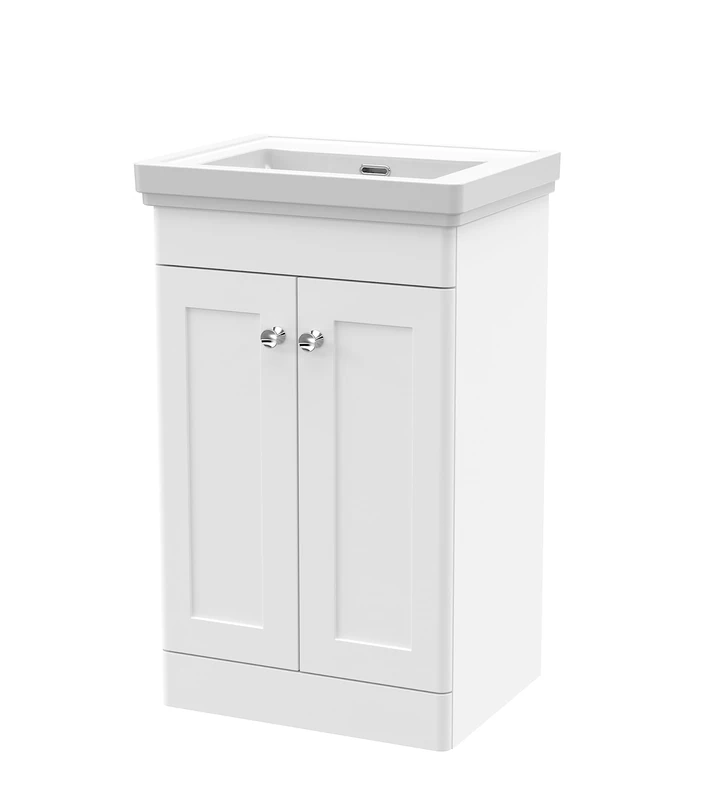 nuie CLC123H Classique Floor Standing 2 Door Vanity Unit & 0 Tap Hole Fireclay Basin, 500mm, Satin White