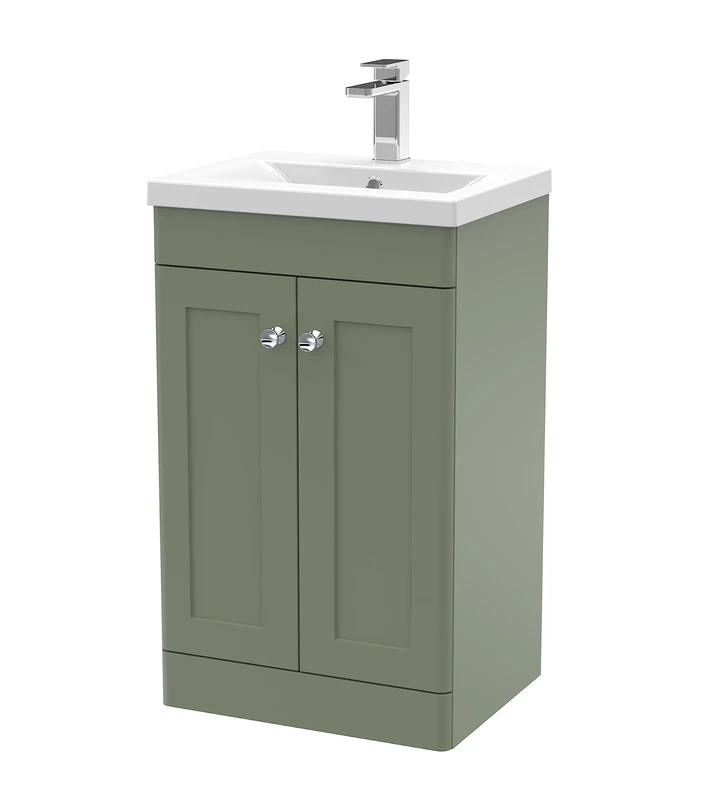 nuie Floor Standing 2 Door Unit & Mid-Edge Ceramic Basin, 500mm, Satin Green