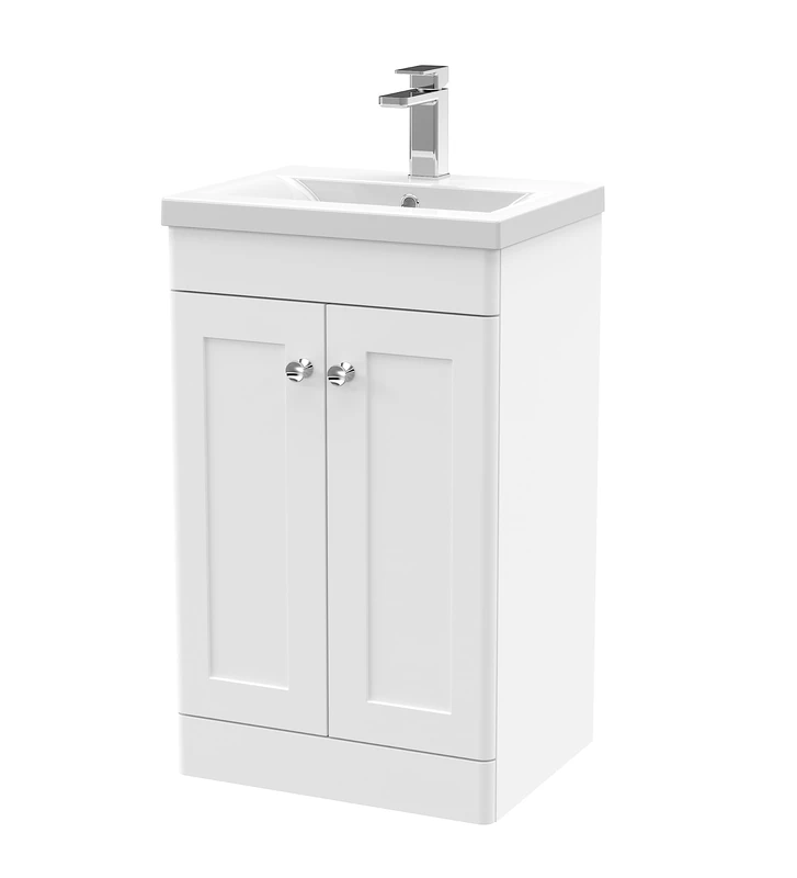 nuie Floor Standing 2 Door Unit & Mid-Edge Ceramic Basin, 500mm, Satin White - Image 1