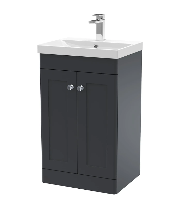 nuie CLC1423E Classique Floor Standing 2 Door Unit & Thin-Edge Ceramic Basin, 500mm, Satin Anthracite