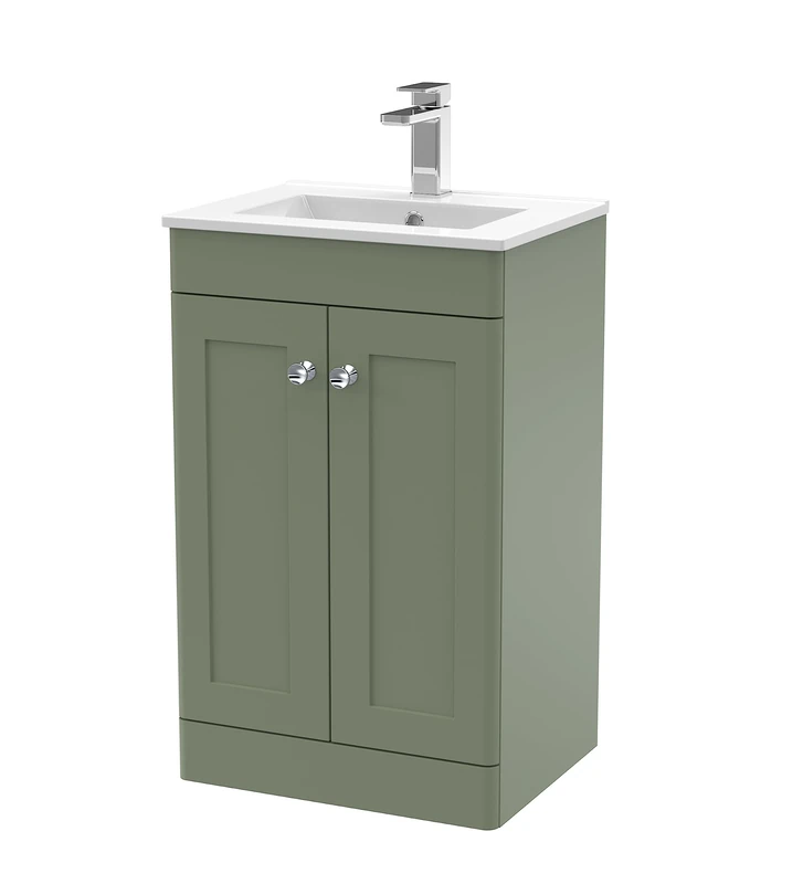 nuie Floor Standing 2 Door Unit & Minimalist Ceramic Basin, 500mm, Satin Green