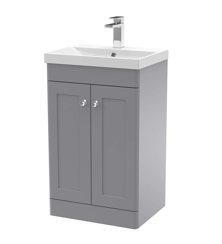 nuie CLC223E Classique Floor Standing 2 Door Unit & Thin-Edge Ceramic Basin, 500mm, Satin Grey
