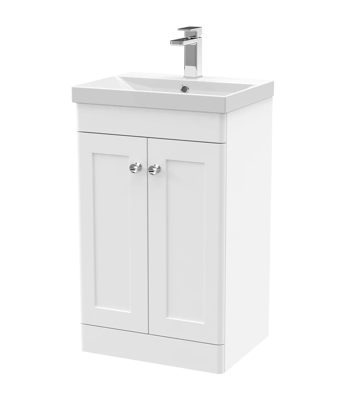 nuie Floor Standing 2 Door Unit & Thin-Edge Ceramic Basin, 500mm, Satin White