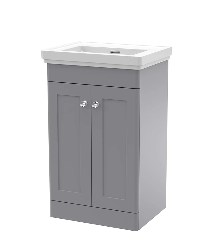 nuie CLC223H Classique Floor Standing 2 Door Vanity Unit & 0 Tap Hole Fireclay Basin, 500mm, Satin Grey