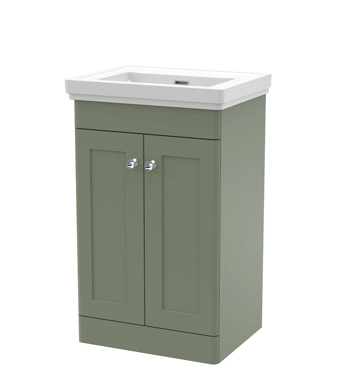 nuie CLC823H Classique Floor Standing 2 Door Vanity Unit & 0 Tap Hole Fireclay Basin, 500mm, Satin Green