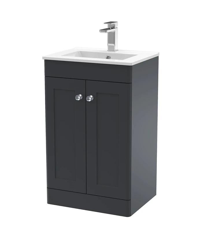 nuie Floor Standing 2 Door Unit & Minimalist Ceramic Basin, 500mm, Soft Black