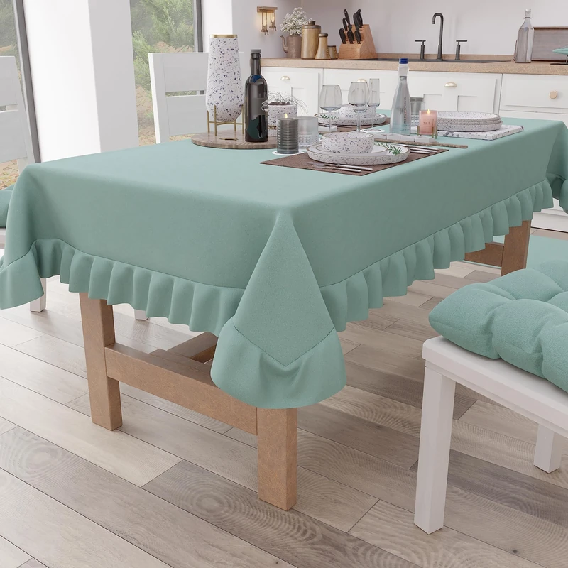 PETTI Artigiani Italiani - Ruffle Tablecloth Tablecloth Rectangle Kitchen Tablecloth with Valance Plain Cotton Tablecloth X12 Seater (140x240cm) Aqua