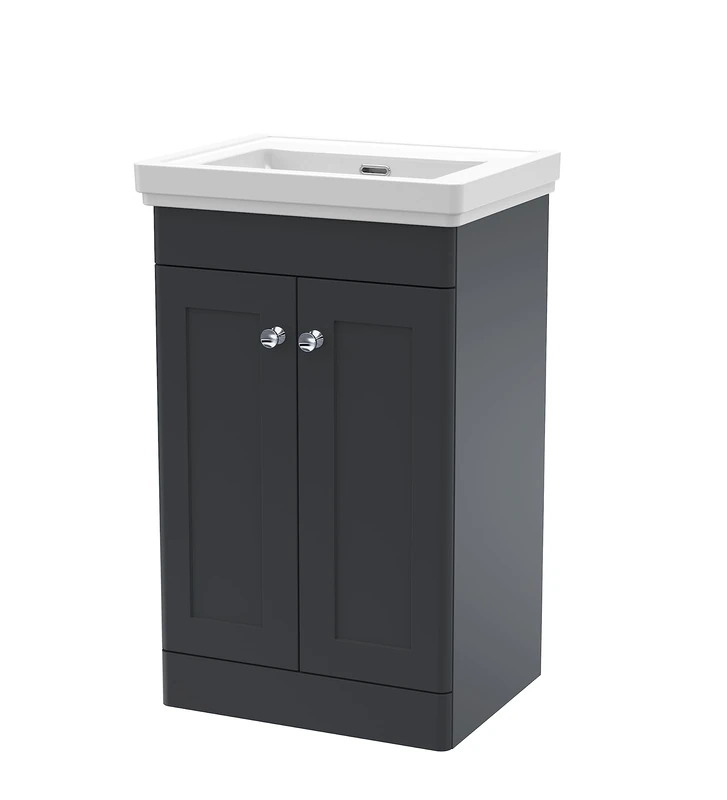 nuie CLC1423H Classique Floor Standing 2 Door Vanity Unit & 0 Tap Hole Fireclay Basin, 500mm, Satin Anthracite